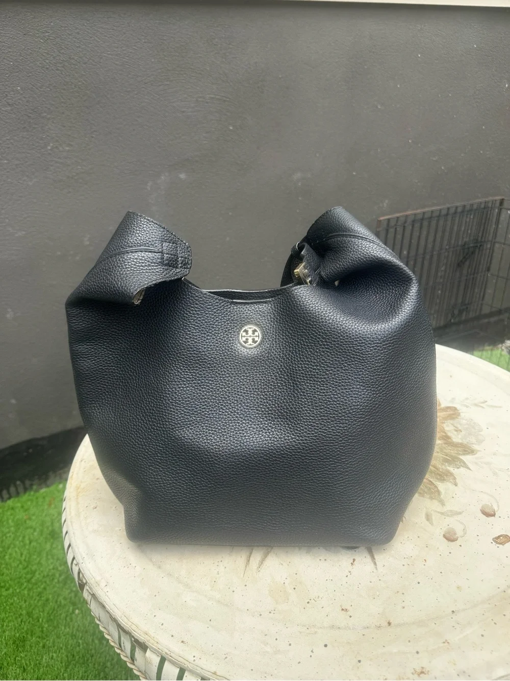 Tory Burch Black Pebbled Leather Hobo with Logo Medallion